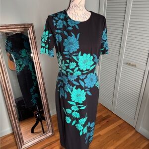 London Times Black Midi Dress with Teal Floral Pattern